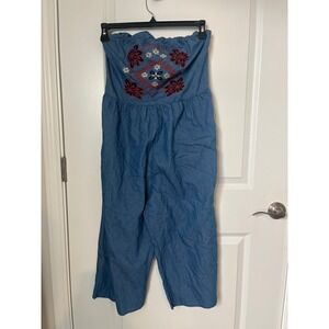 Parc & Lex Blue Embroidered Strapless Denim Jumpsuit Wide Leg Boho Medium